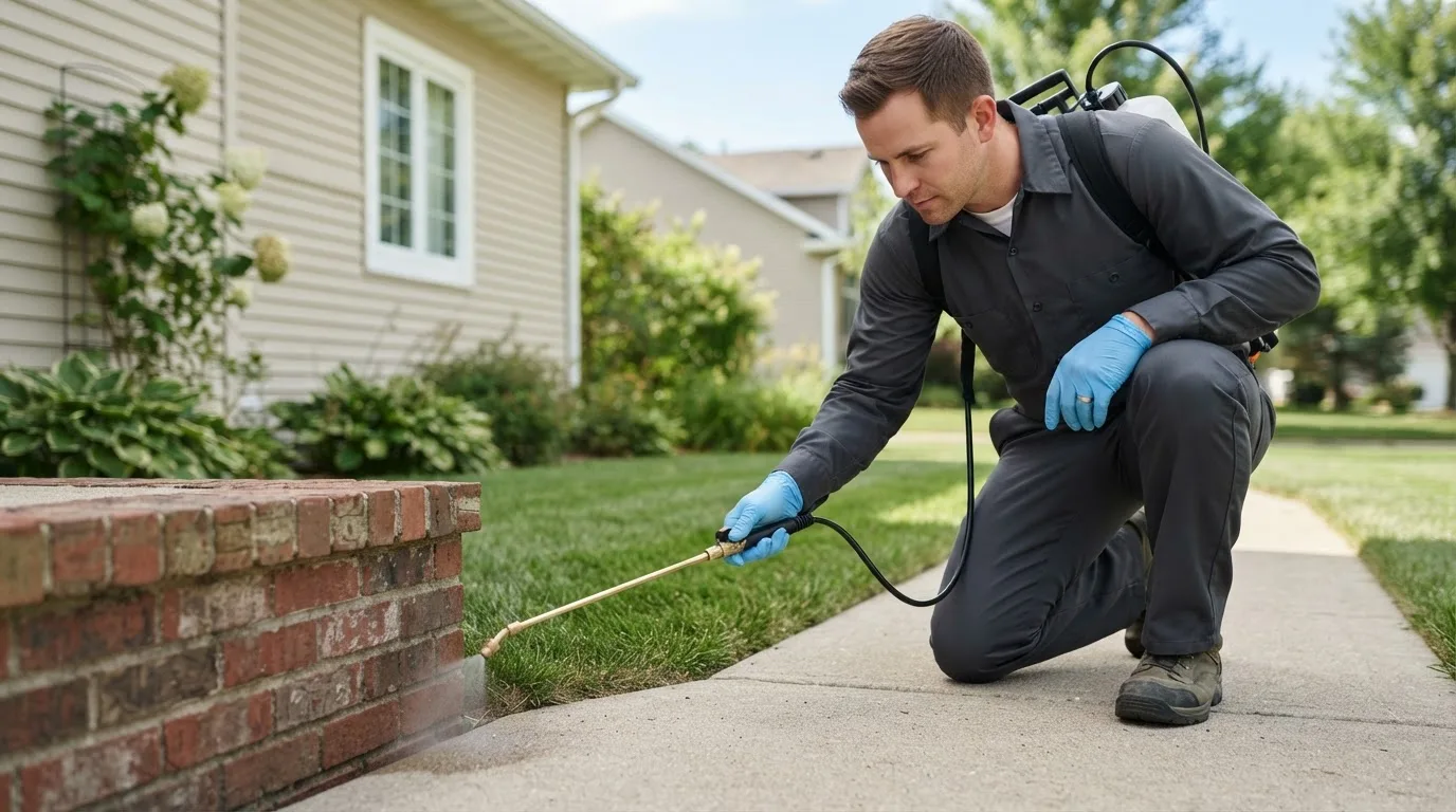 Pest control technician treating a home near Keyes, OK