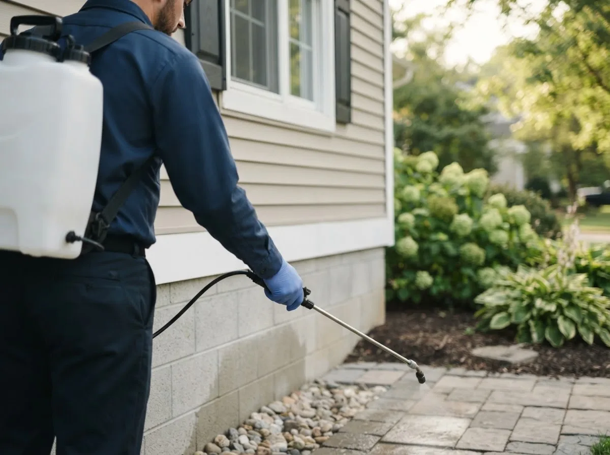 Pest control technician inspecting a home in Keyes, OK
